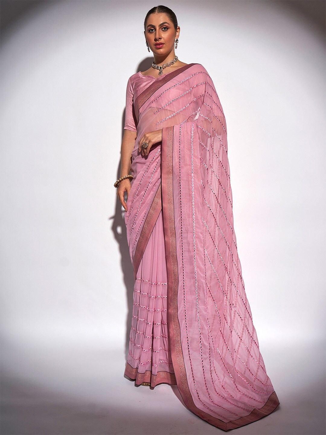 

Ishin Ethnic Motifs Embroidered Pure Georgette Designer Saree, Pink
