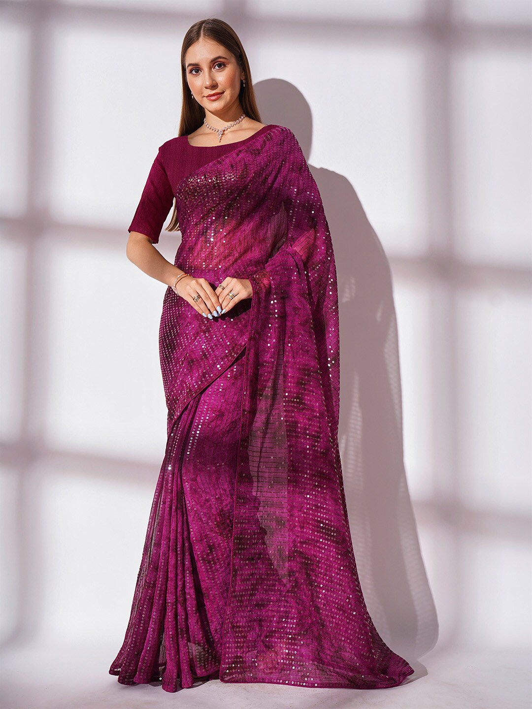 

Ishin Embellished Sequinned Pure Georgette Saree, Purple