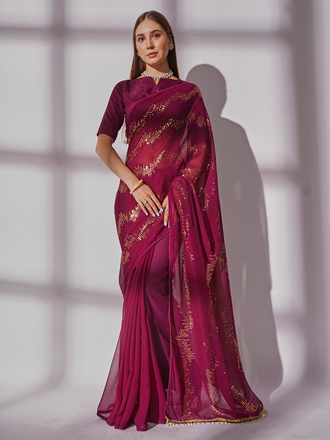 

Ishin Striped Sequinned Pure Georgette Saree, Purple