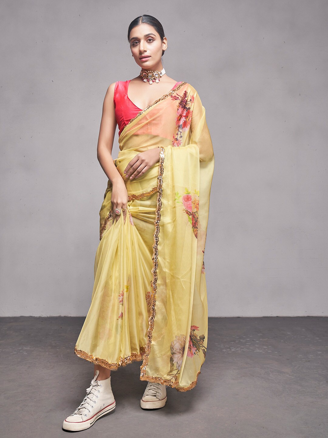 

Ishin Floral Sequinned Organza Saree, Yellow