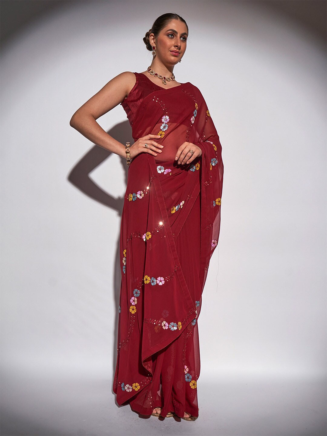 

Ishin Embellished Sequinned Pure Georgette Designer Saree, Maroon