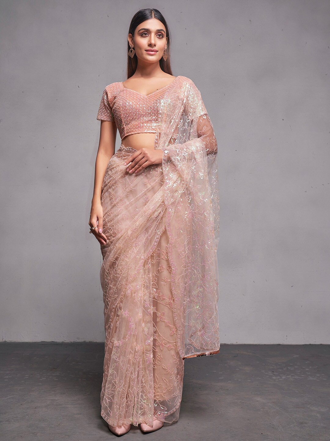 

Ishin Embellished Sequinned Net Saree, Rose gold