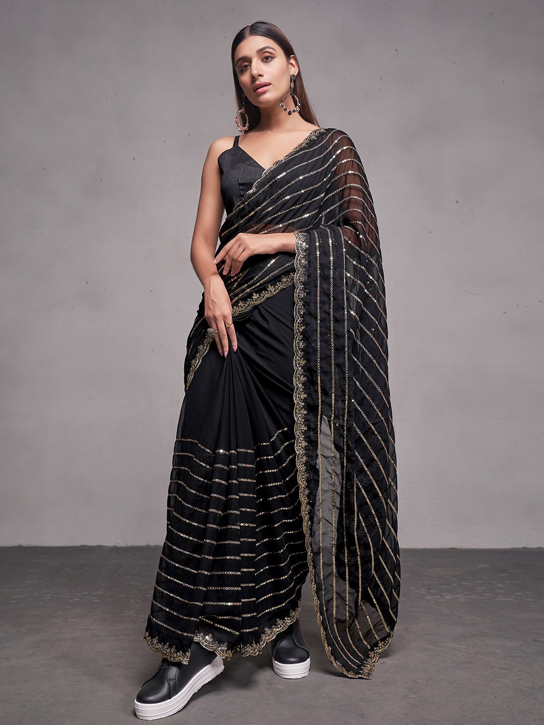 

Ishin Striped Sequinned Pure Georgette Saree, Black