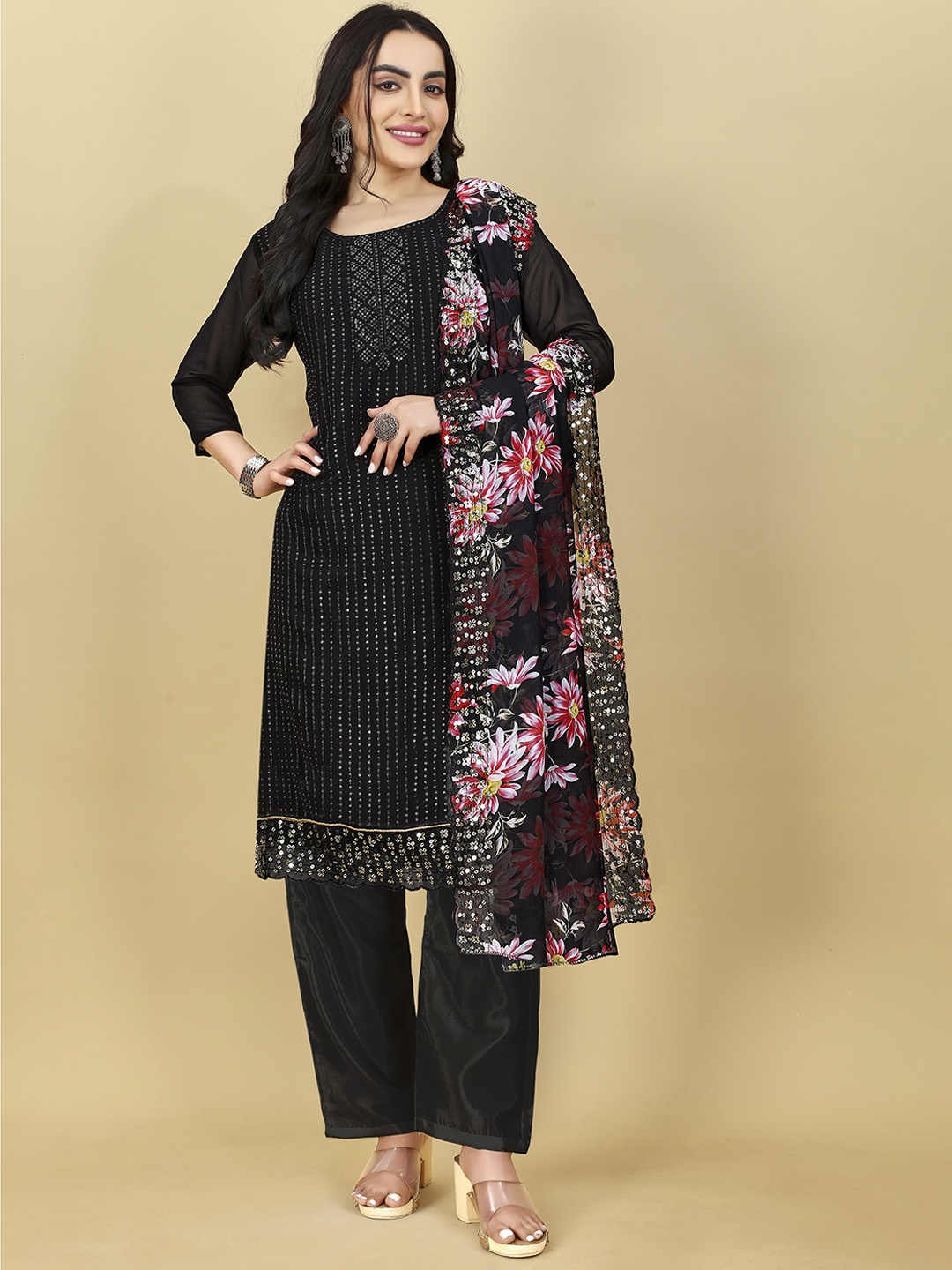

Kiwie Women Floral Embroidered Regular Thread Work Kurta with Salwar & With Dupatta, Black
