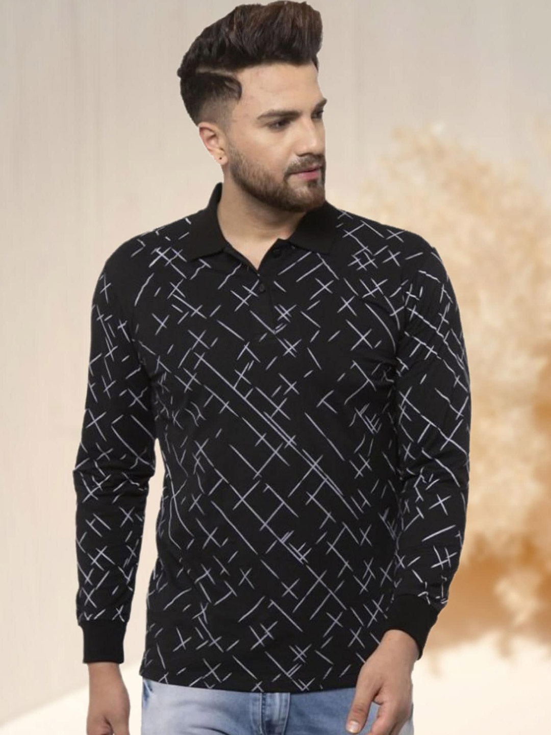 

WILD WEST Men Checked Polo Collar Pockets T-shirt, Black