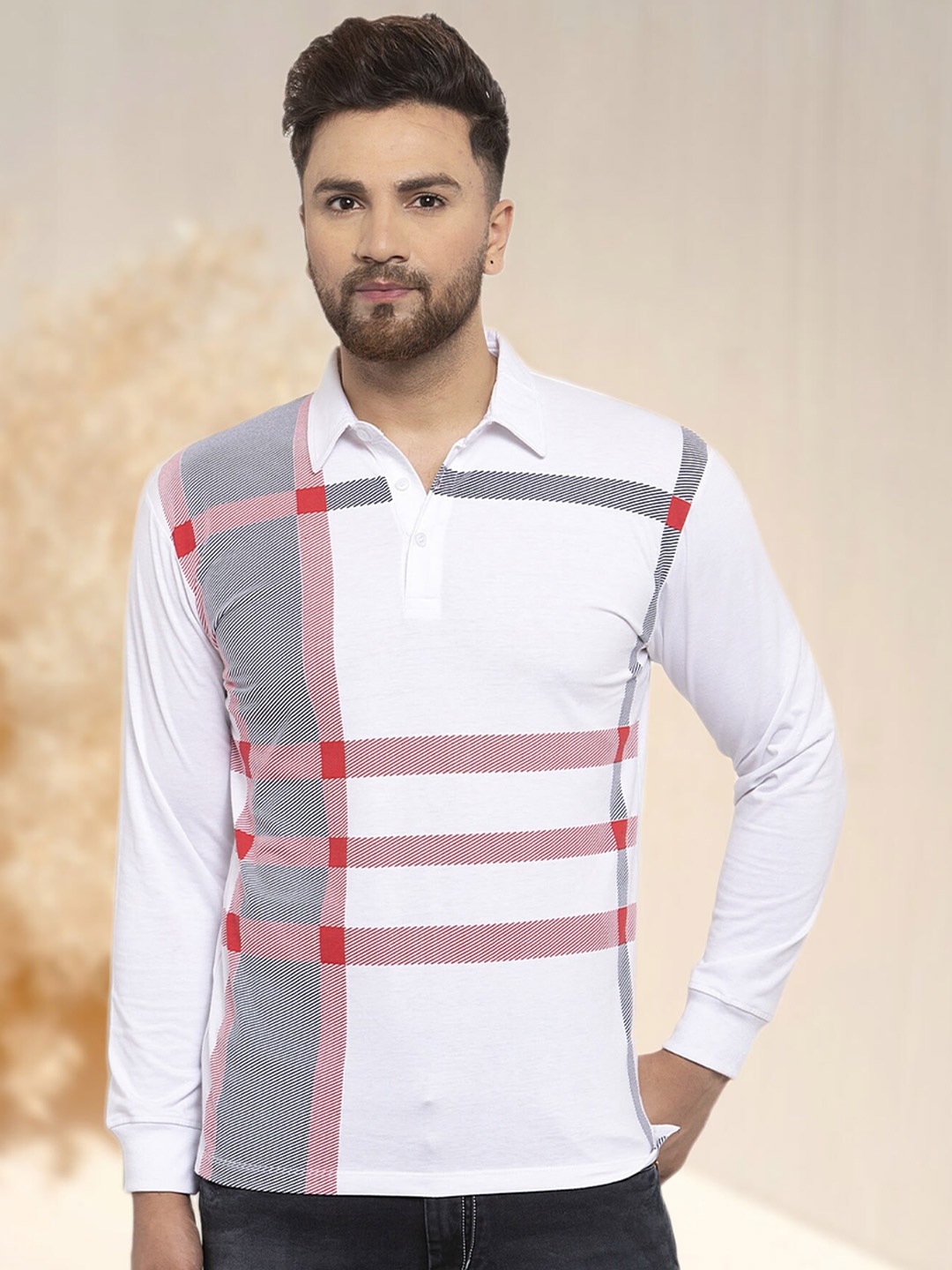 

WILD WEST Men Striped Polo Collar Applique T-shirt, White