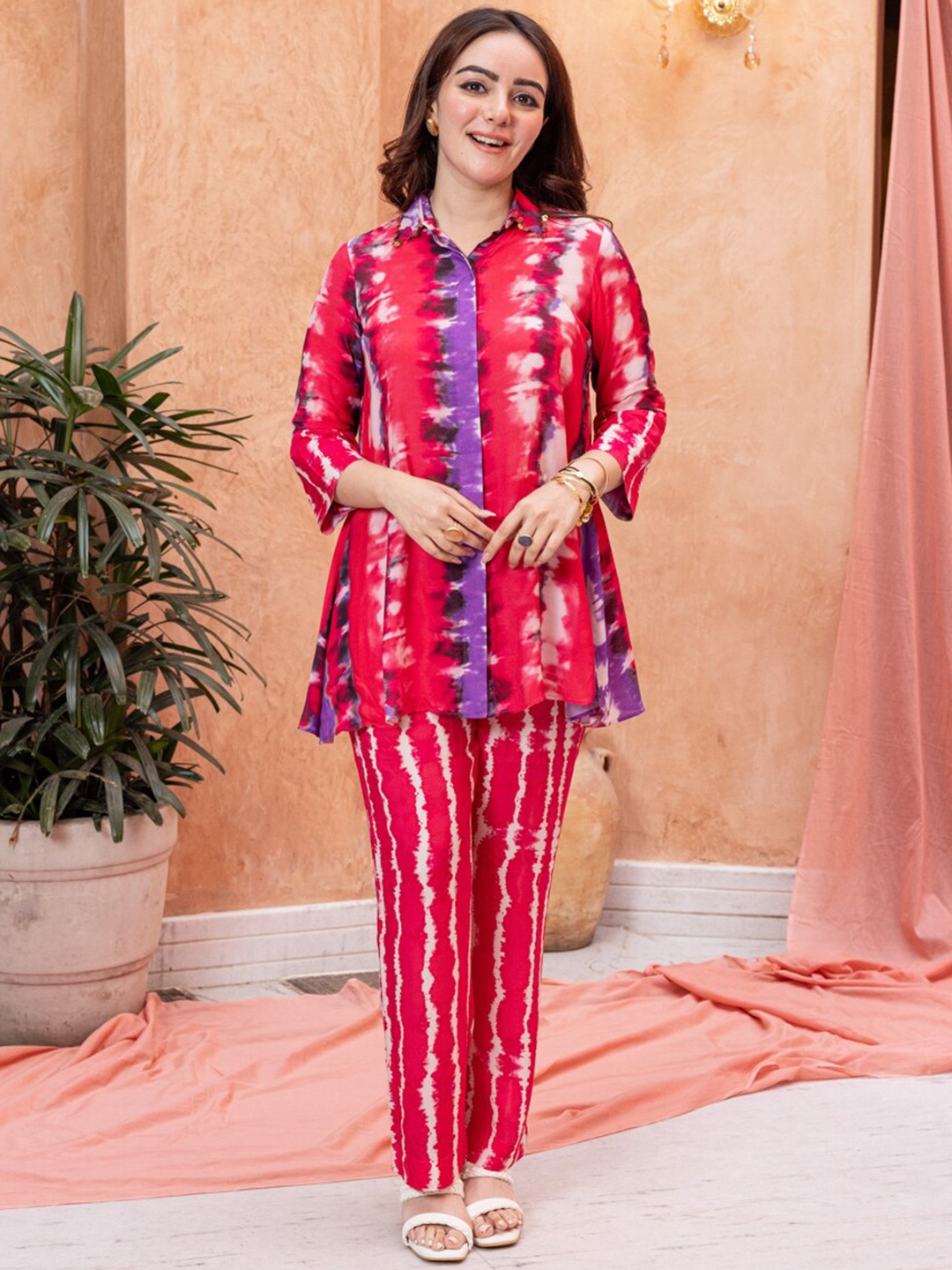 

Ambraee Tie & Dye Shirt Collar Shirt With Trouser, Red