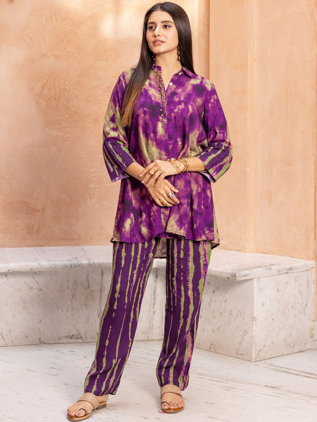 

Ambraee Tie & Dye Shirt Collar Tunic With Trouser, Purple