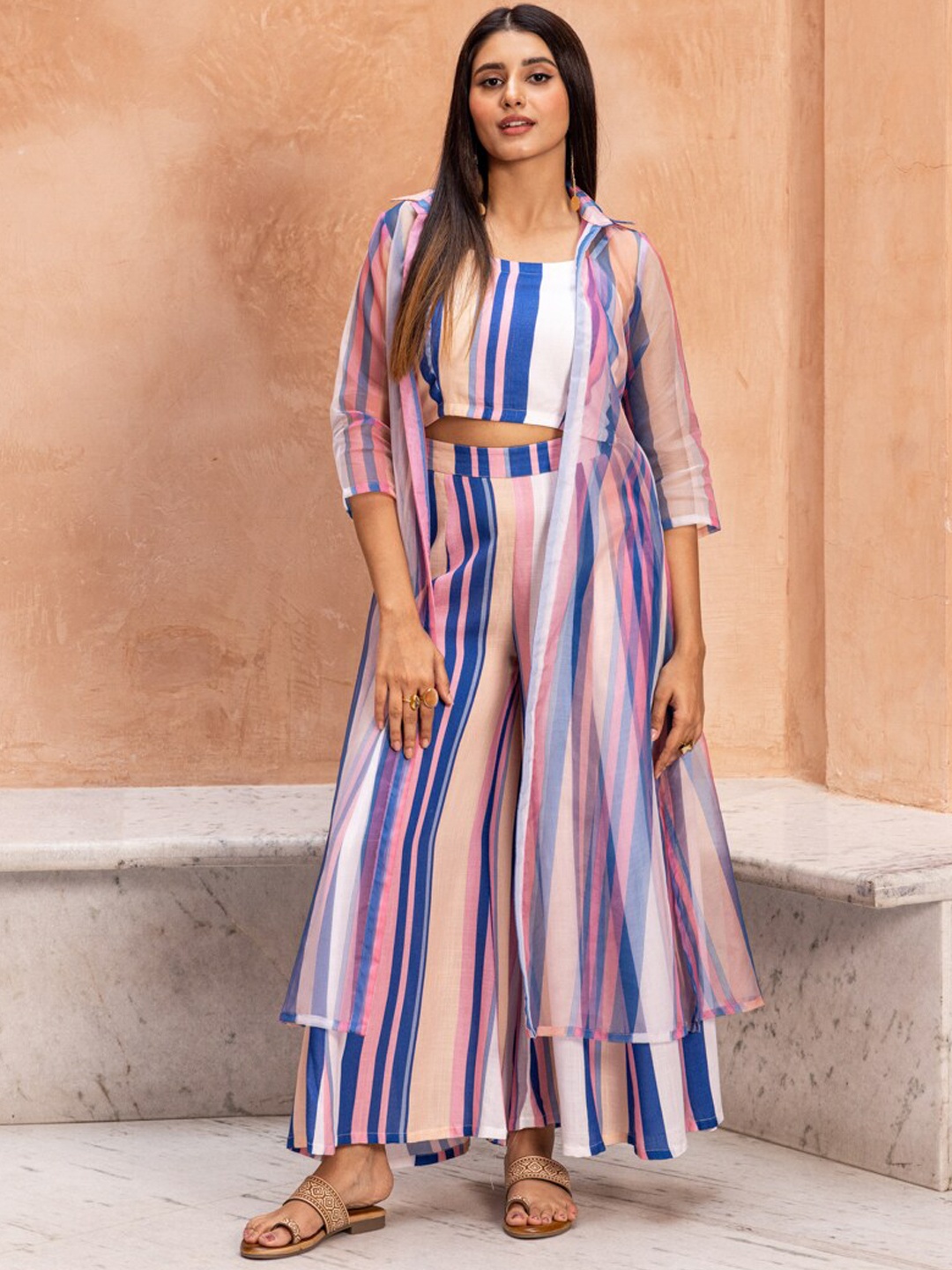 

Ambraee Striped Top & Palazzo With Shrug, Pink