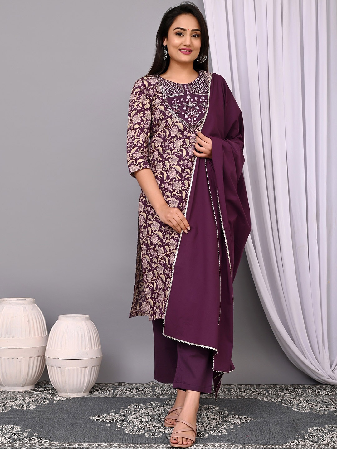 

KALINI Women Floral Embroidered Regular Sequinned Pure Cotton Kurta with Trousers & With Dupatta, Purple