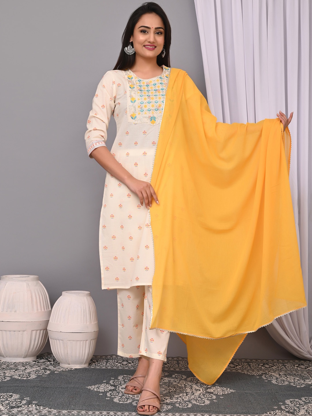 

KALINI Women Floral Embroidered Regular Thread Work Pure Cotton Kurta with Trousers & With Dupatta, Cream