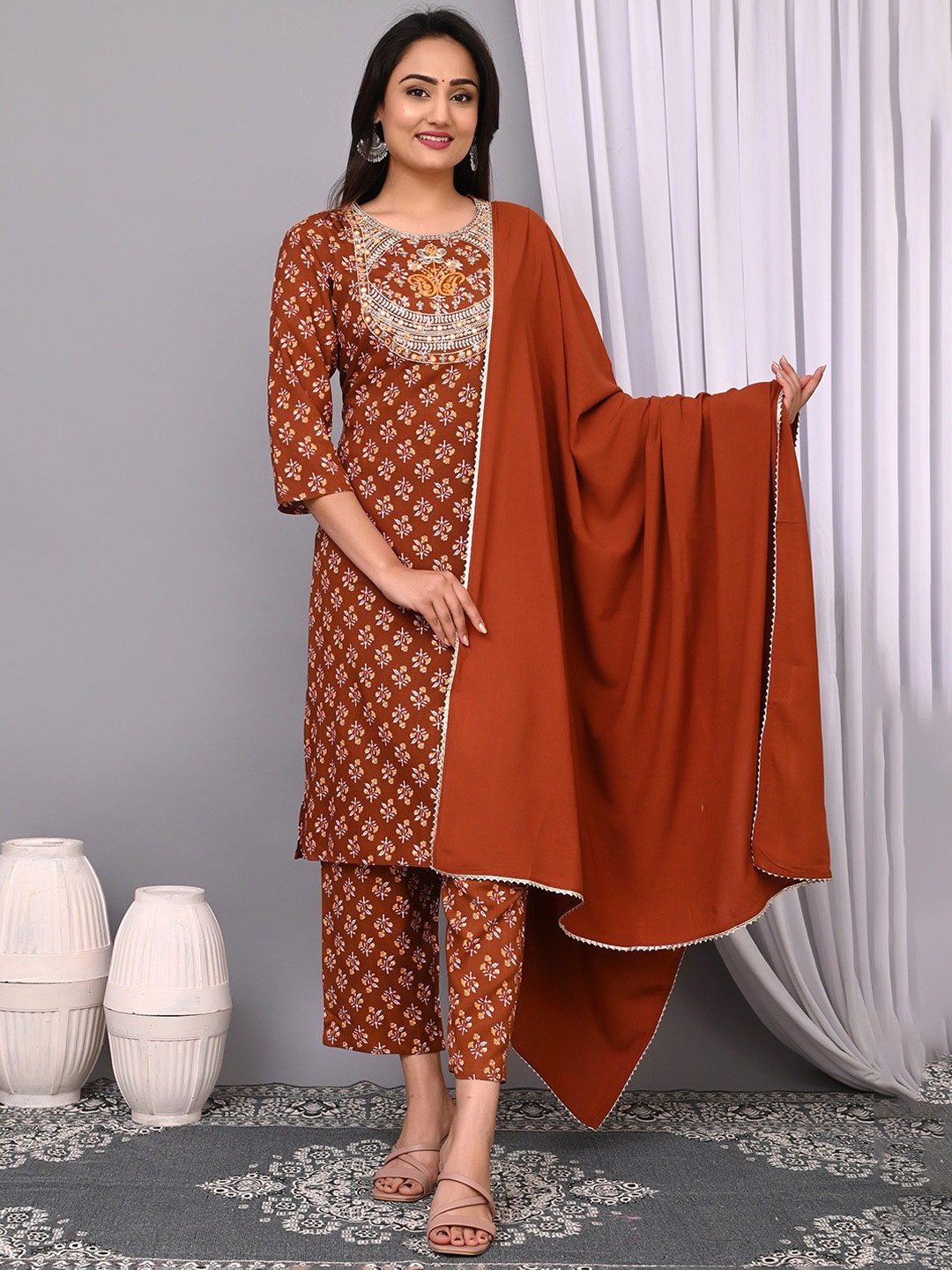 

KALINI Women Floral Embroidered Regular Sequinned Kurta with Trousers & With Dupatta, Rust