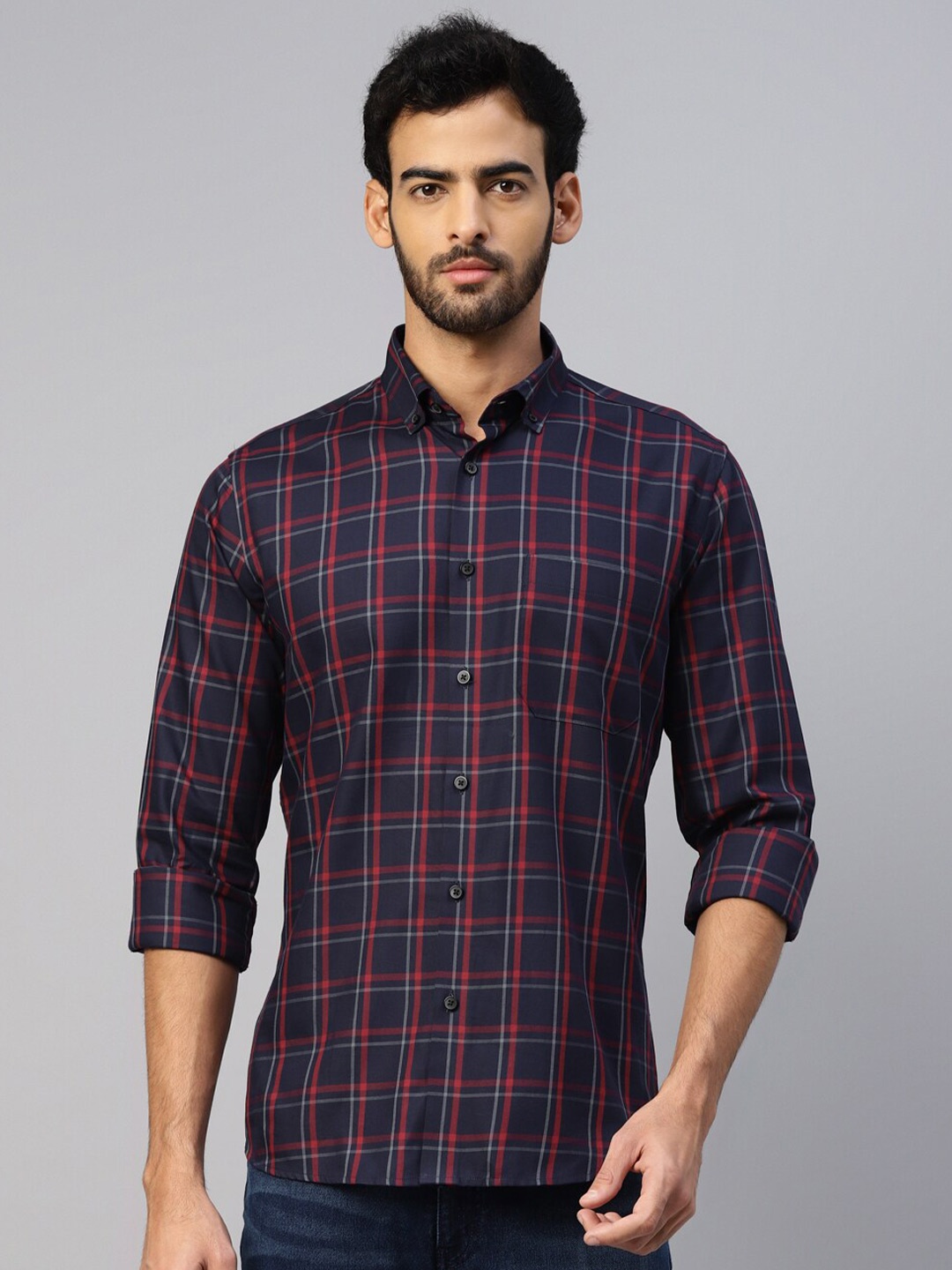 

DON VINO Men Comfort Tartan Checks Opaque Checked Casual Shirt, Navy blue