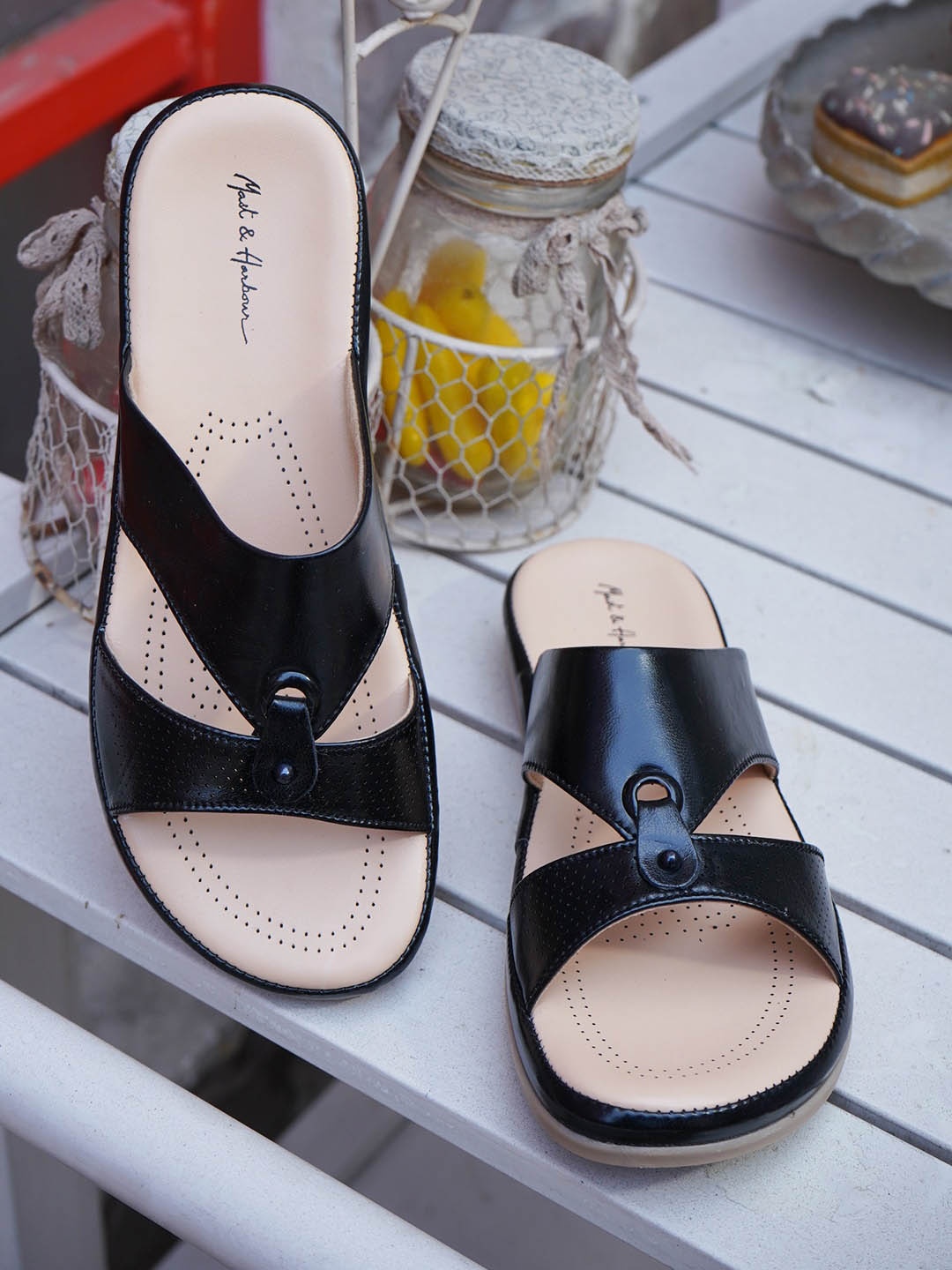 

Mast & Harbour Women Printed Open Toe Flats with Bows, Black