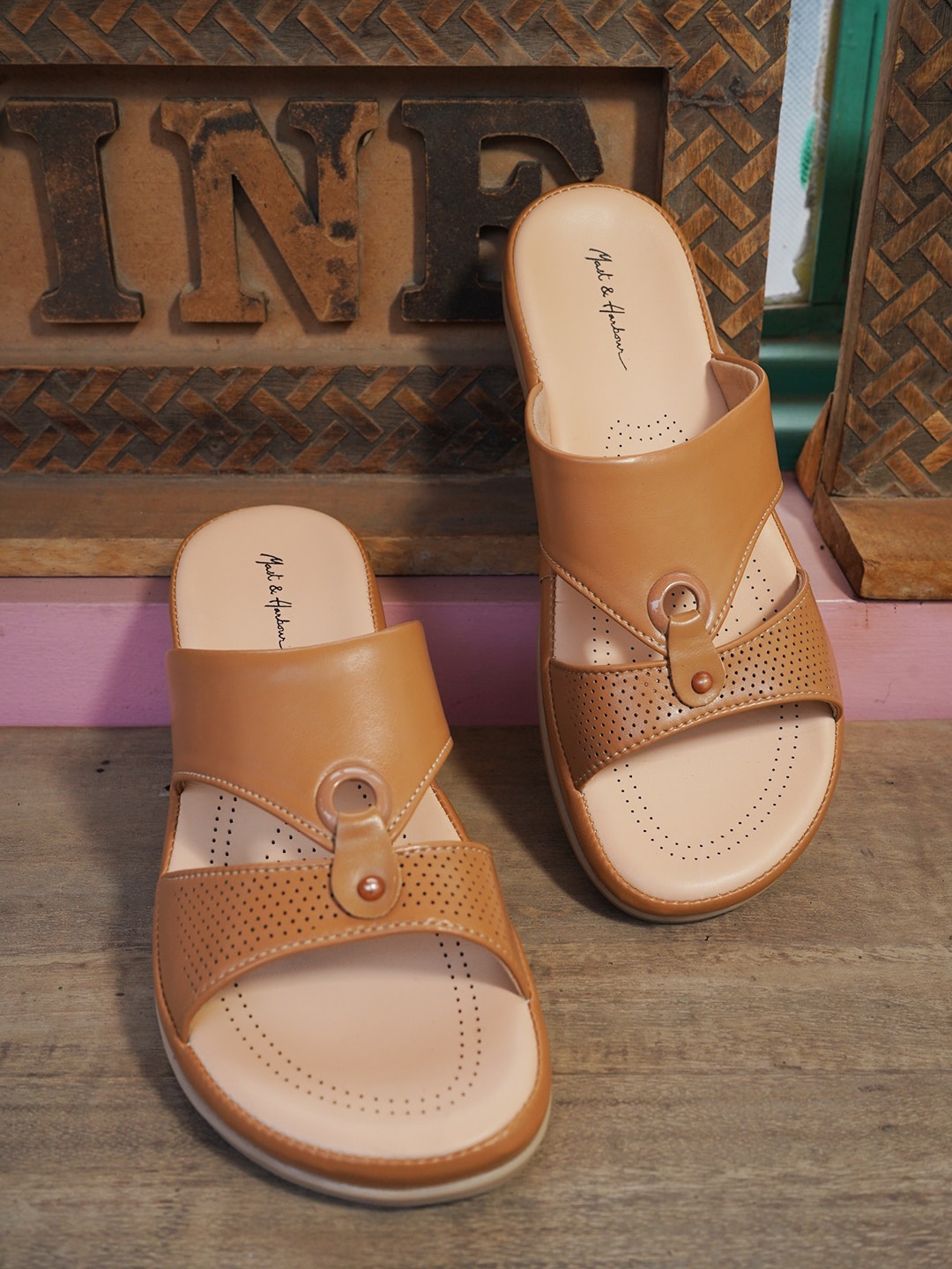 

Mast & Harbour Women Open Toe Flats with Laser Cuts, Beige