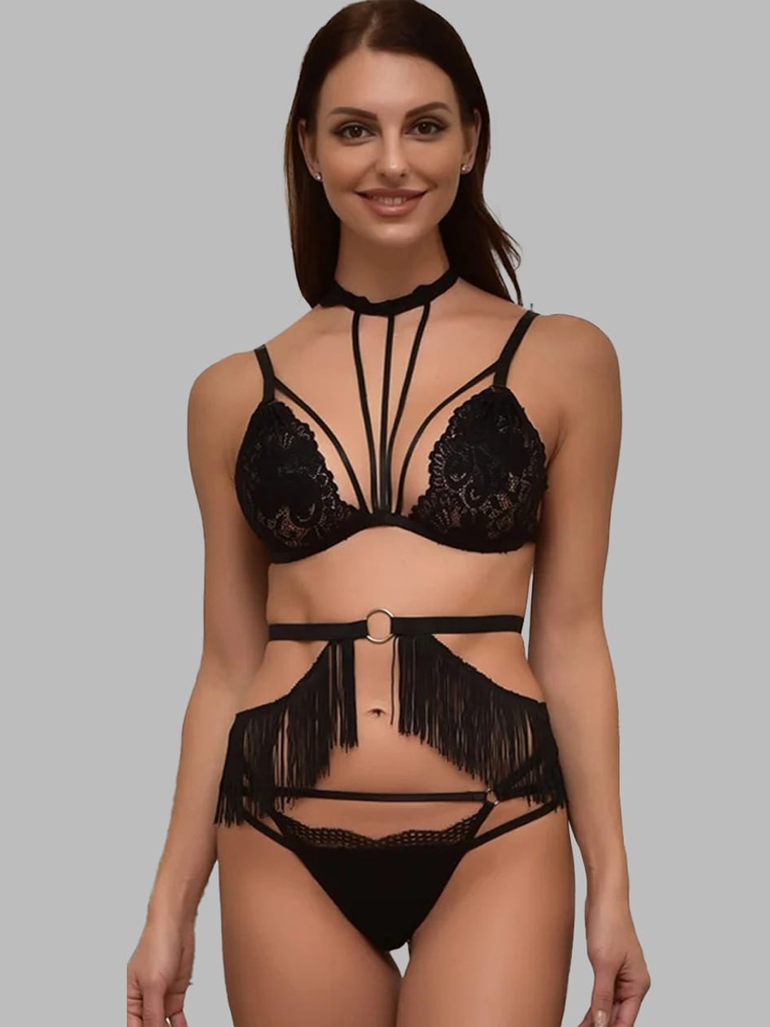

VAGHBHATT Halter Neck Wireless Strappy Lace Sheer Baby Doll, Black