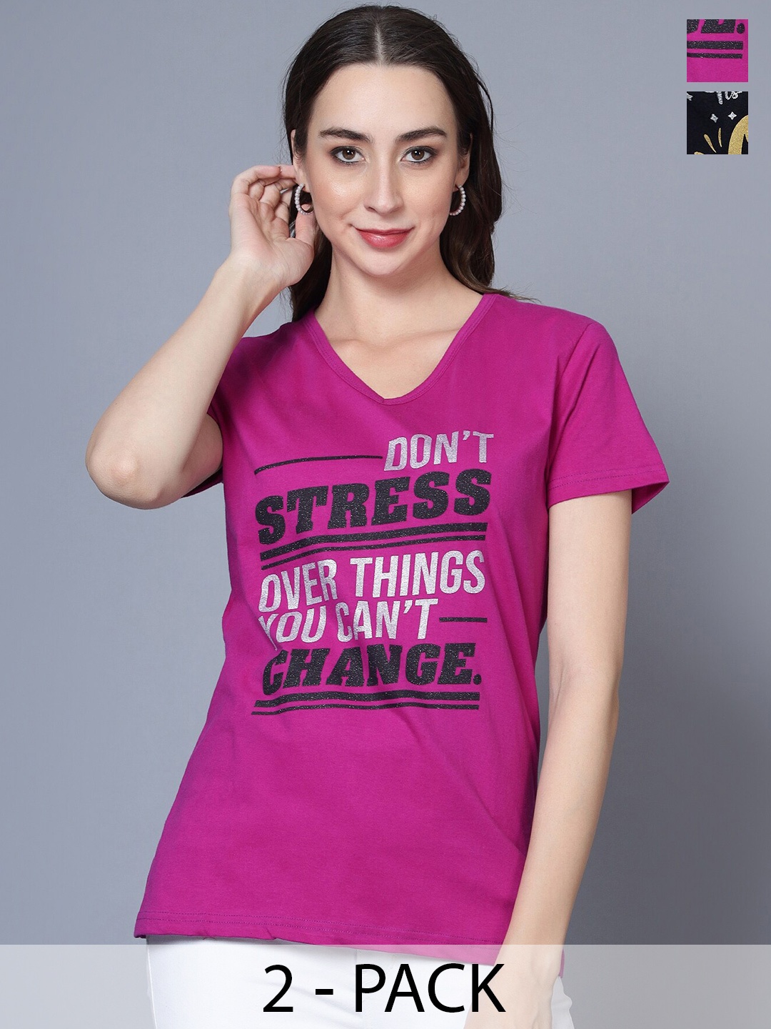 

Fleximaa Women 2 Printed V-Neck Pure Cotton T-shirt, Multi
