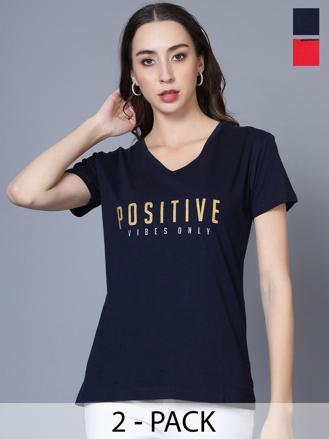 

Fleximaa Women Typography 2 Printed V-Neck Pure Cotton T-shirt, Multi