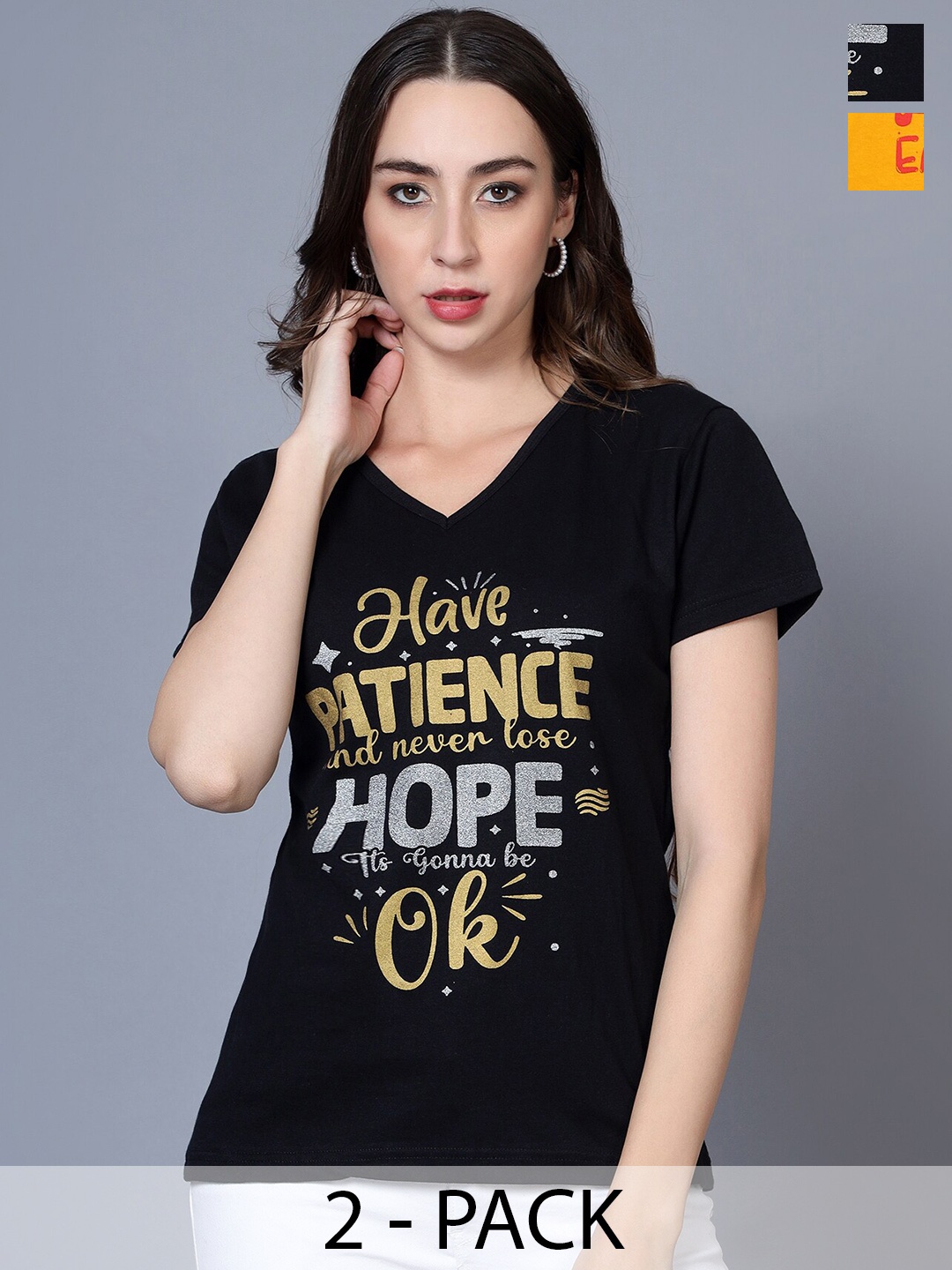

Fleximaa Women Typography 2 Printed V-Neck Pure Cotton T-shirt, Multi
