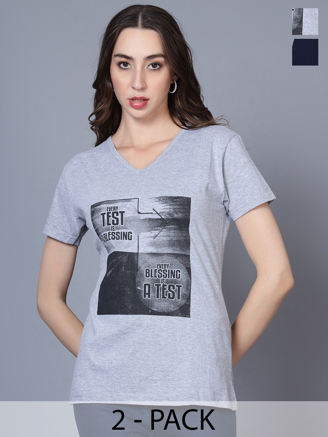

Fleximaa Women Typography 2 Printed V-Neck Pure Cotton T-shirt, Multi