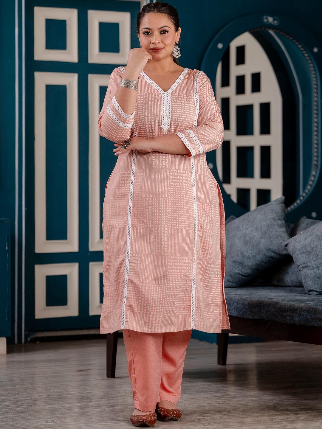 

LALI JAIPUR Women Printed Regular Pure Cotton Kurta with Trousers, Peach