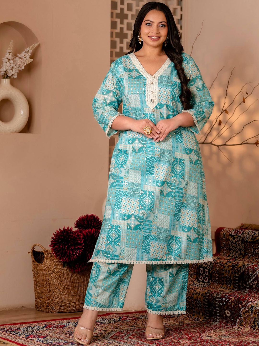 

LALI JAIPUR Women Printed Regular Pure Cotton Kurta with Trousers, Blue