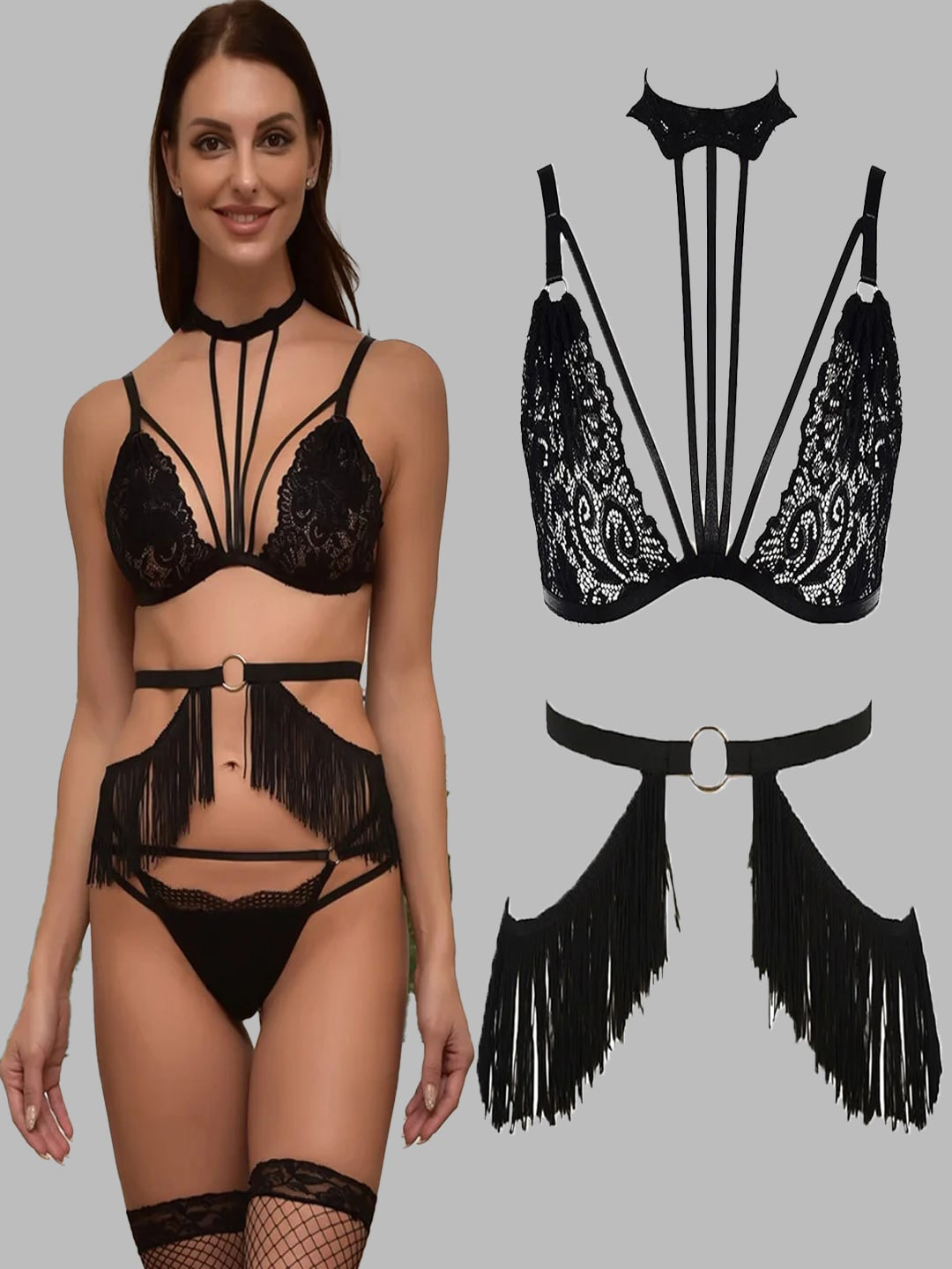 

Krelin Self Design Halter Neck Wireless Strappy Lace Baby Doll, Black