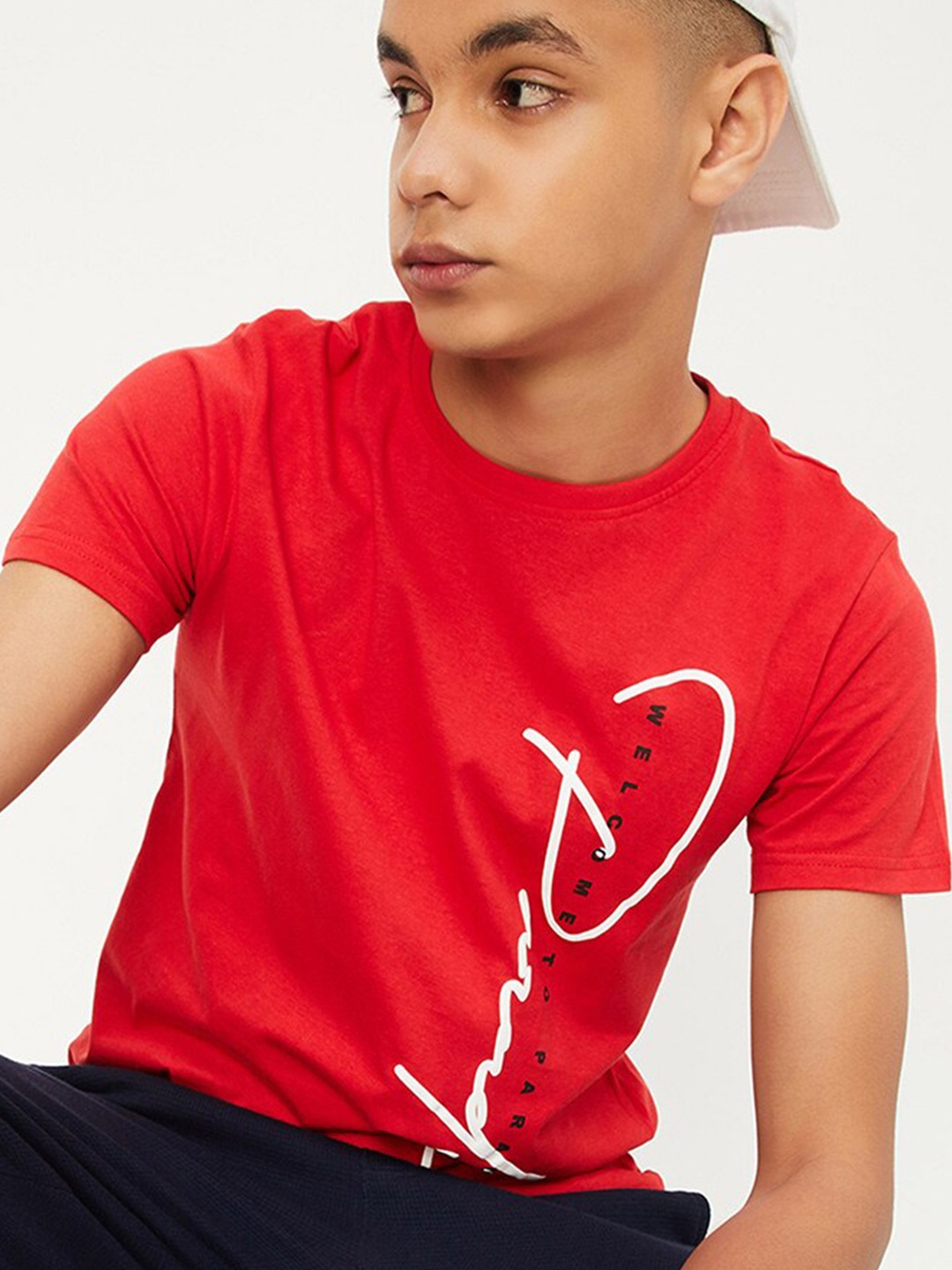 

max Boys Typography Printed Raw Edge T-shirt, Red