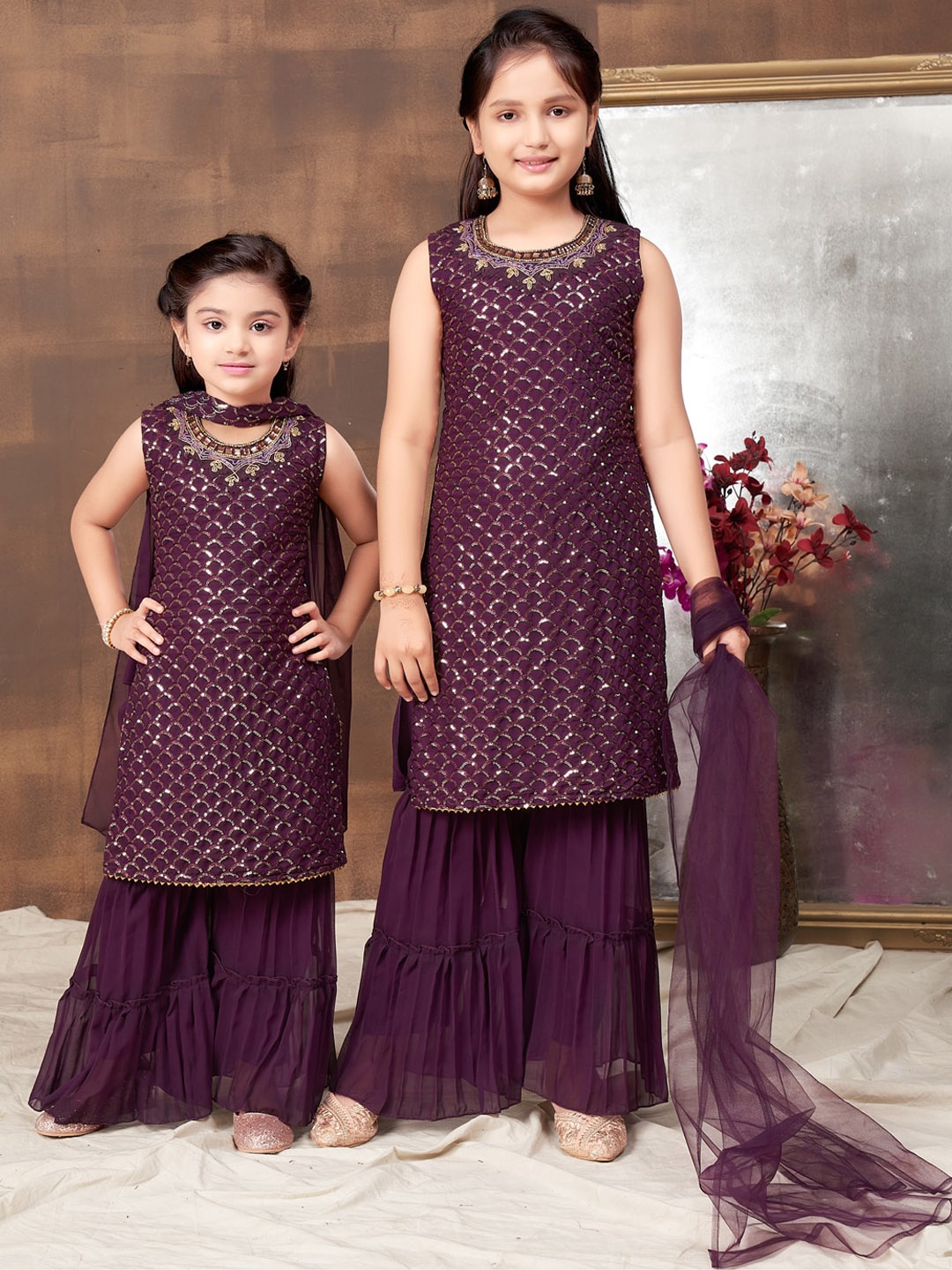 

Aarika Girls Pack of 2 Embroidered Georgette Sequinned Kurta with Sharara & Dupatta, Purple