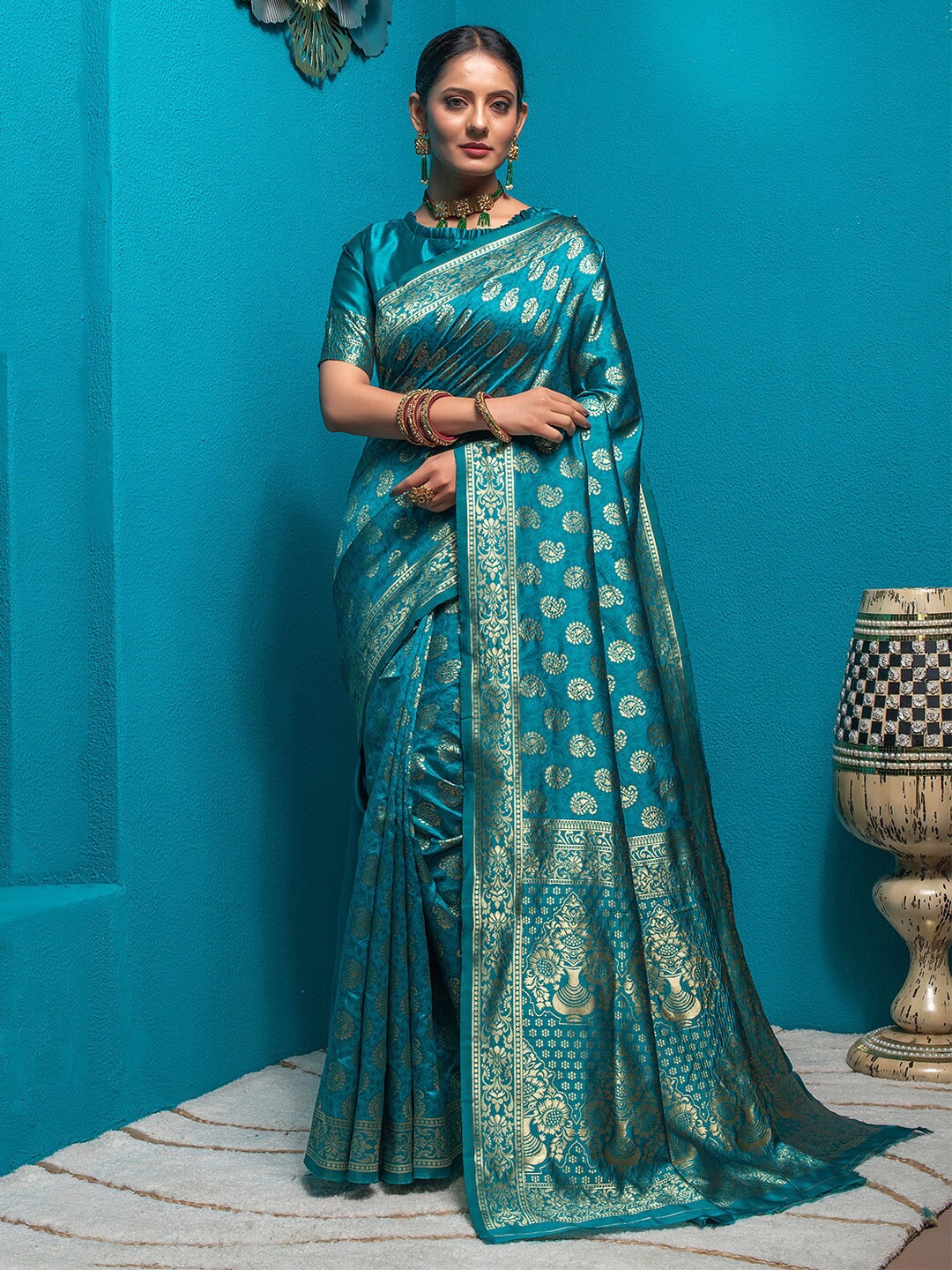 

Lilots Woven Design Zari Silk Blend Kota Saree, Blue