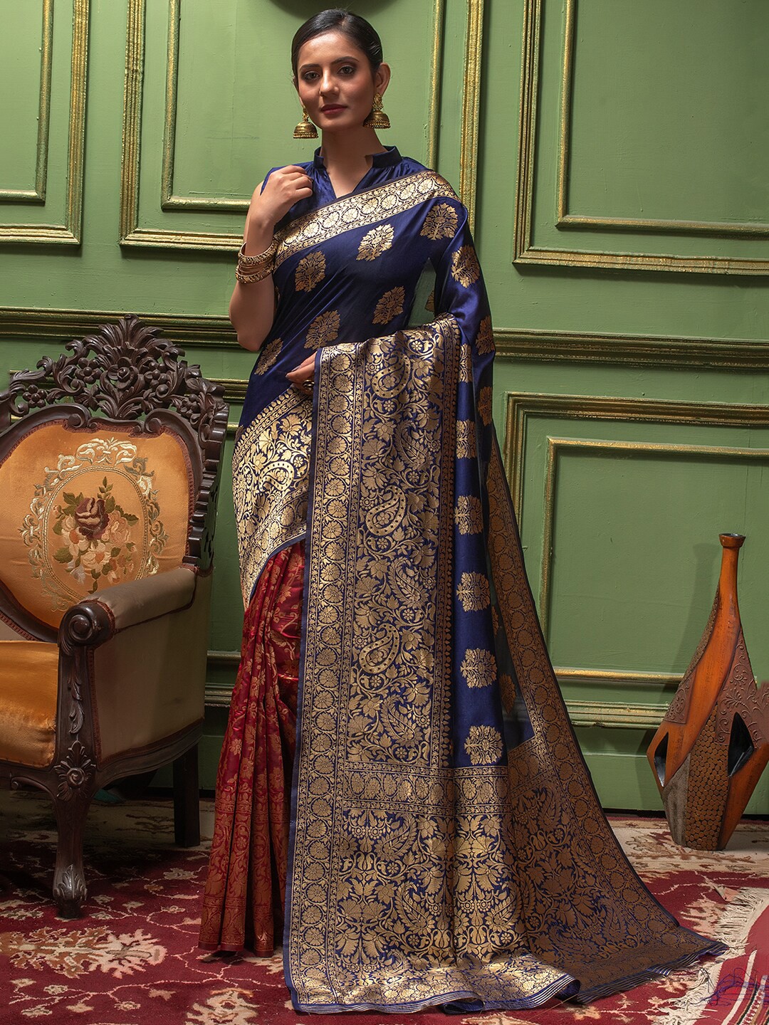 

Lilots Woven Design Silk Blend Half and Half Kota Saree, Navy blue