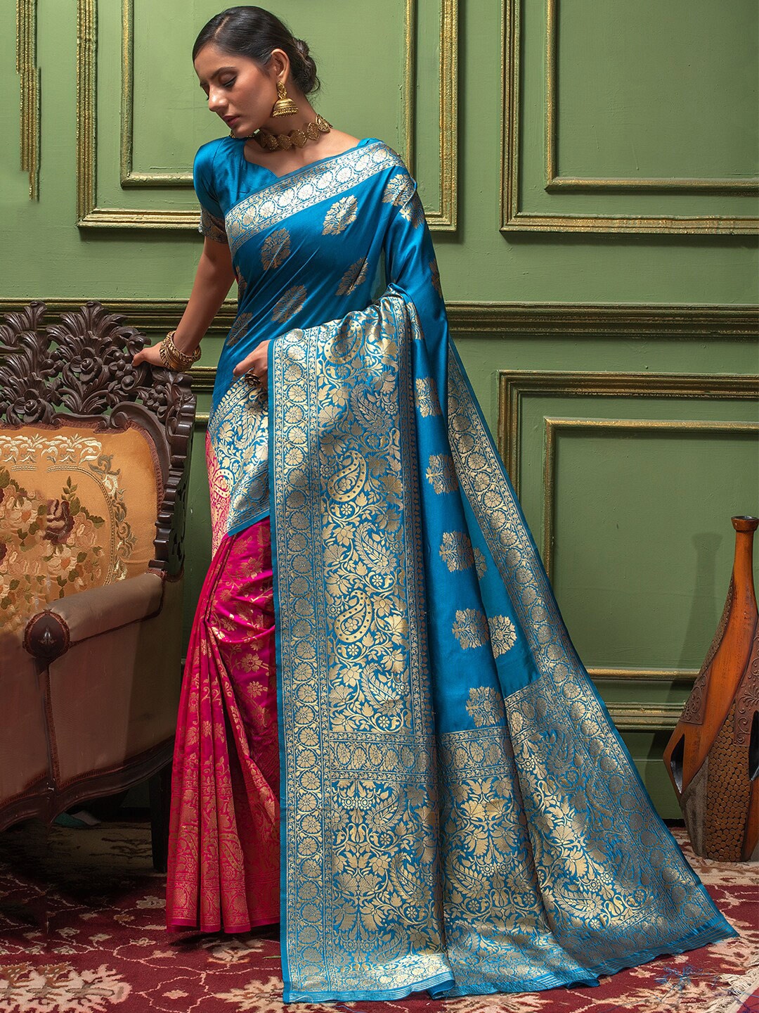 

Lilots Ethnic Motifs Woven Design Zari Half and Half Saree, Blue