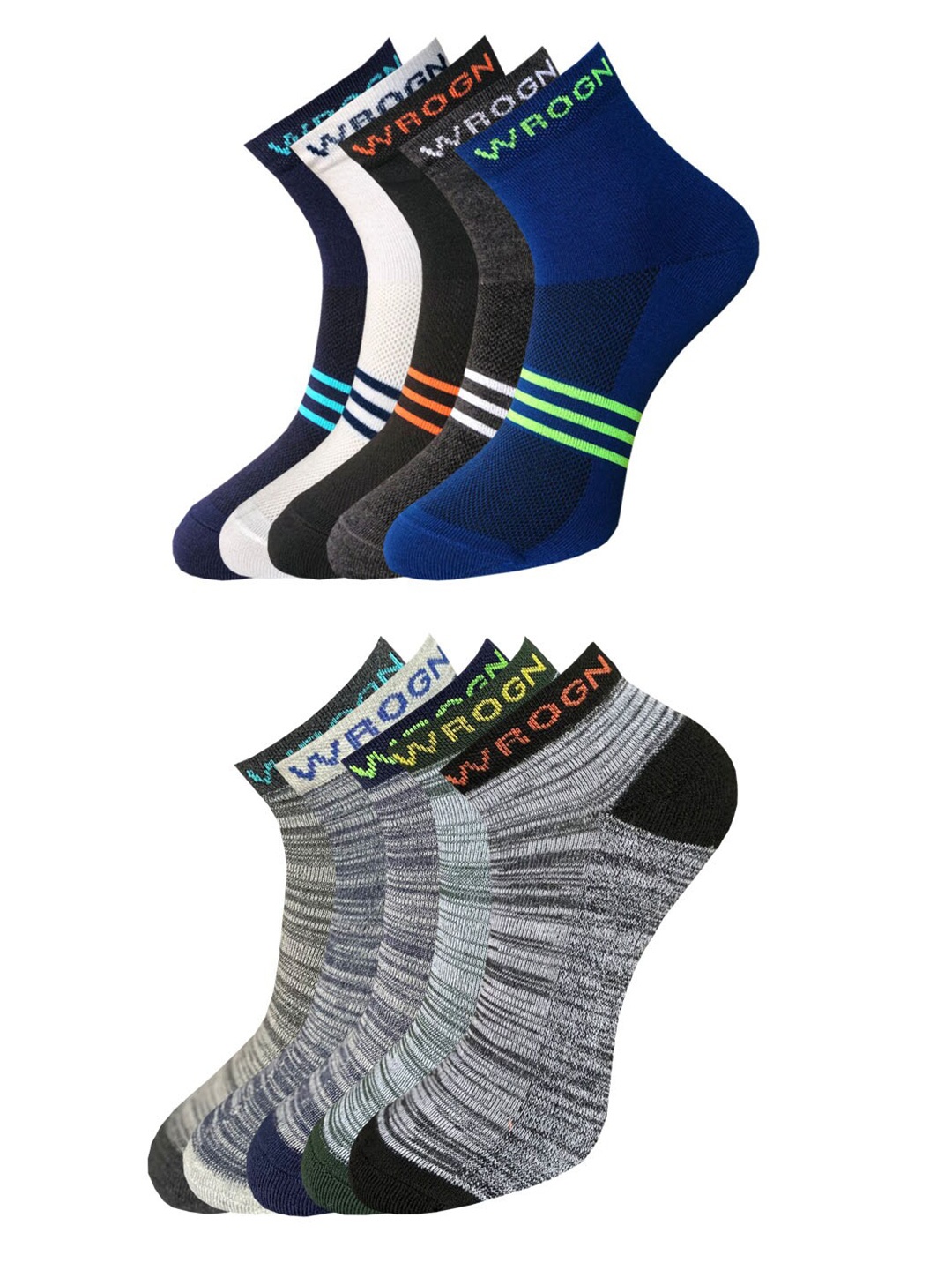 

WROGN Men Pack of 10 Patterned Ankle-Length Socks, Grey