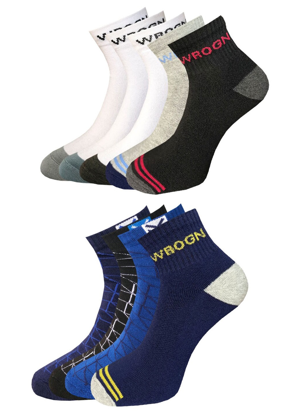 

WROGN Men Pack Of 9 Patterned Anti Microbial Ankle Length Socks, Blue