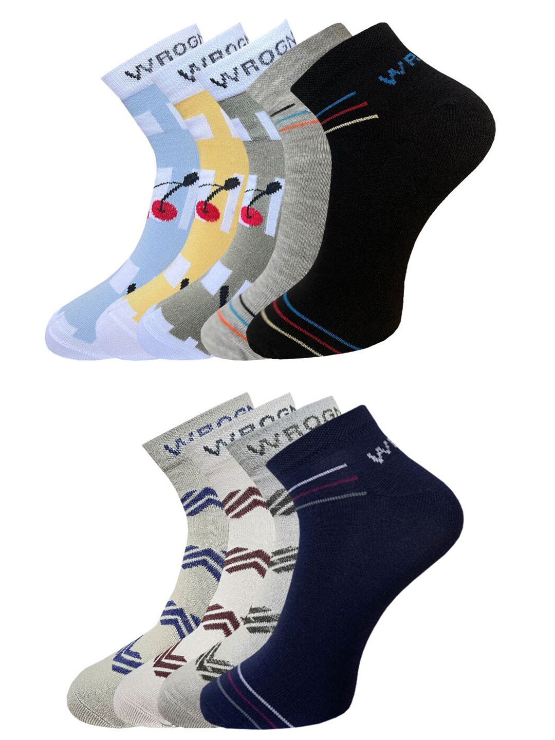 

WROGN Men Pack Of 9 Patterned Ankle Length Socks, Grey