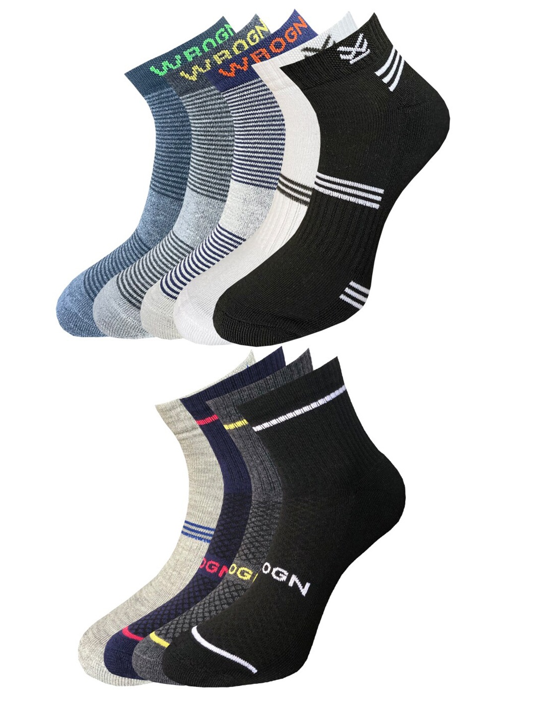 

WROGN Men Pack Of 9 Patterned Ankle-Length Socks, Grey