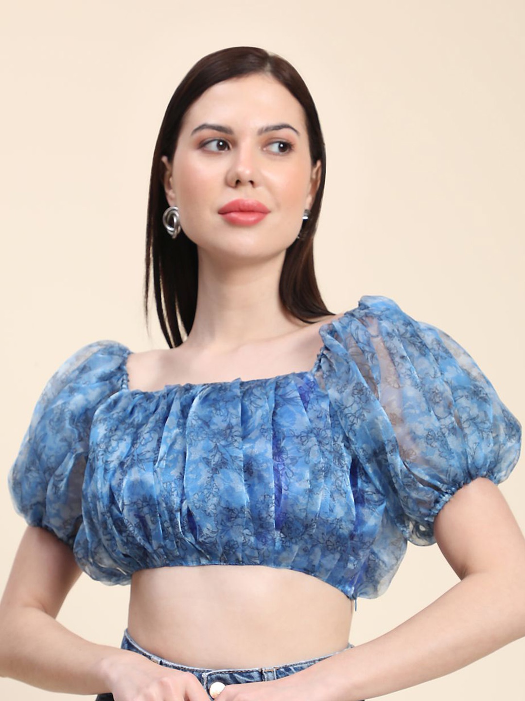 

Phenav Puff Sleeve Blouson Crop Top, Blue