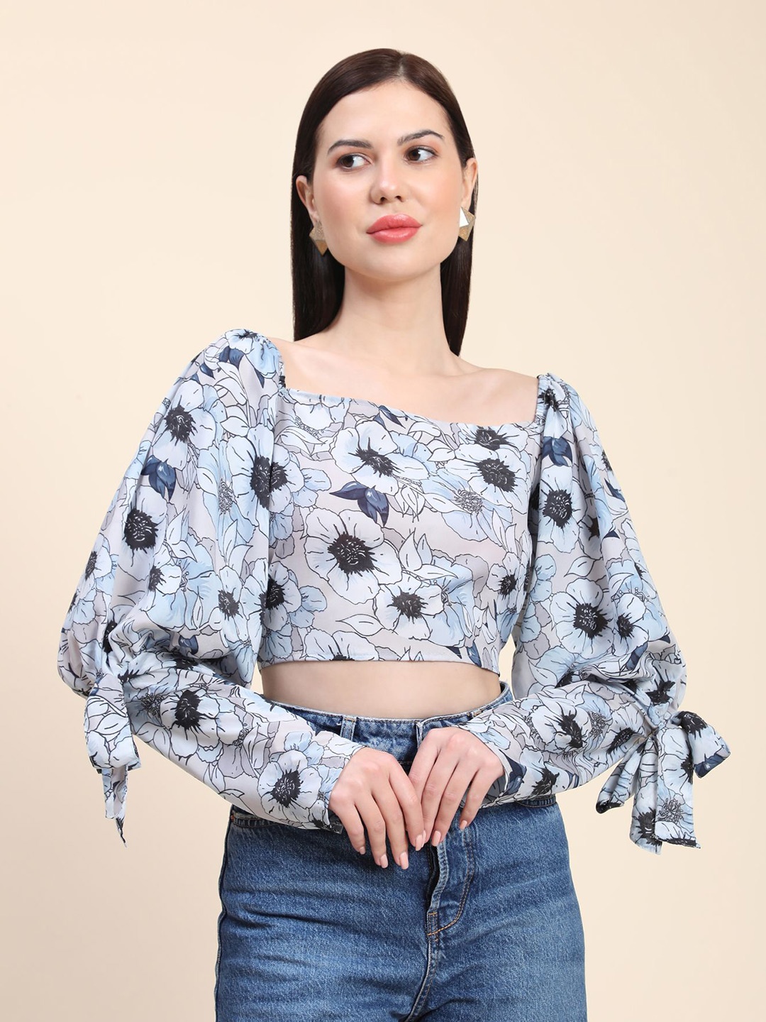 

Phenav Floral Print Puff Sleeve Crop Top, Blue