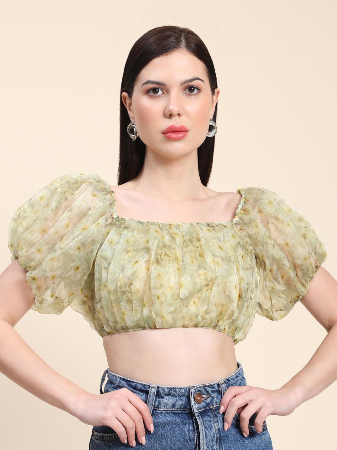 

Phenav Floral Print Puff Sleeve Blouson Top, Green