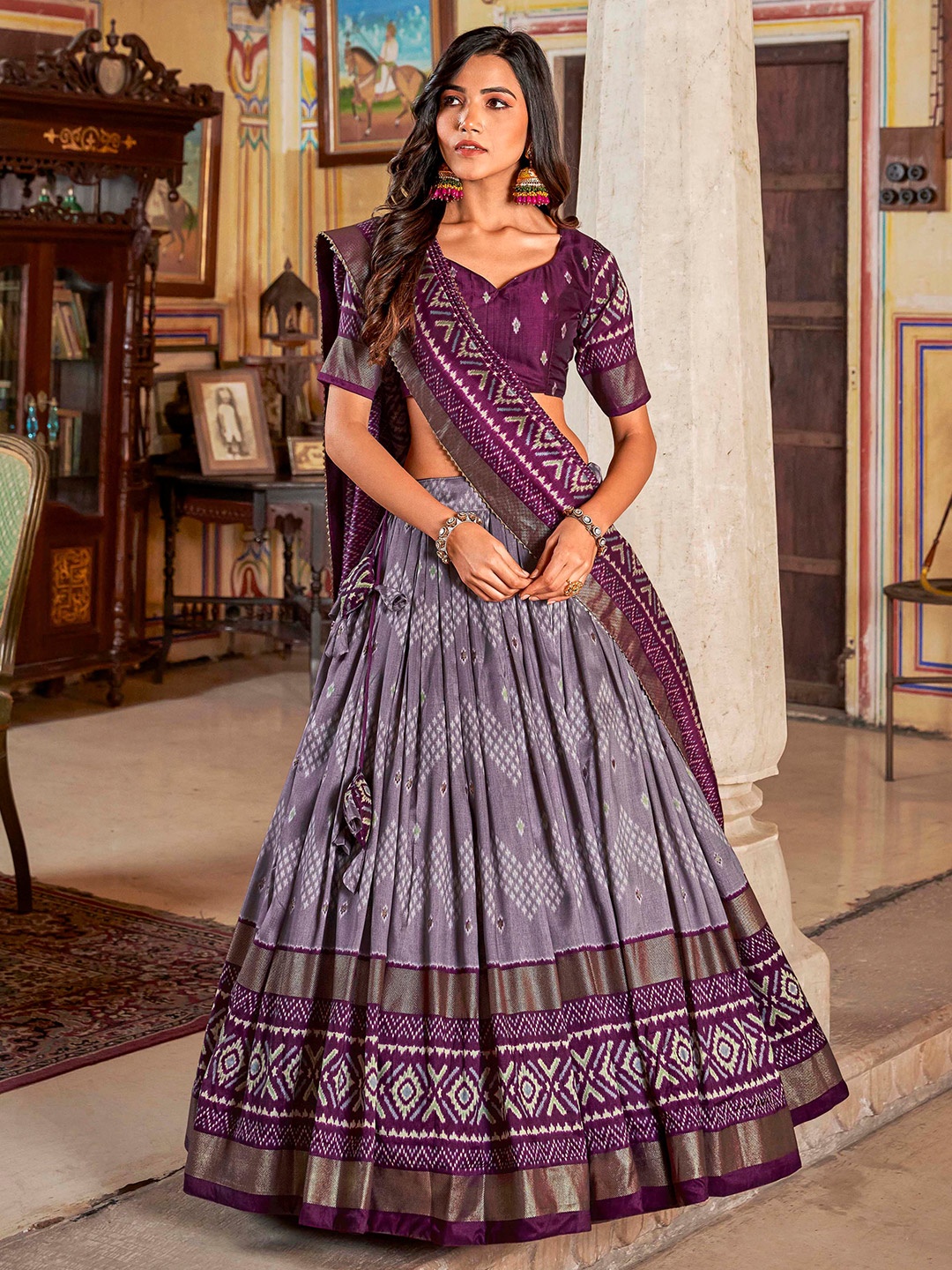 

LOOKNBOOK ART Printed Ikat Semi-Stitched Lehenga & Unstitched Blouse With Dupatta, Burgundy