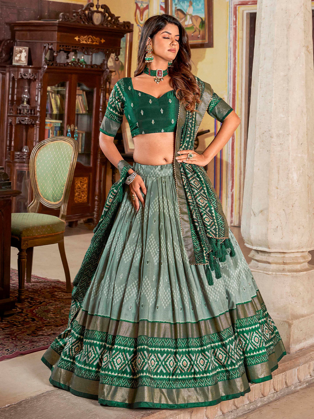 

LOOKNBOOK ART Printed Ikat Semi-Stitched Lehenga & Unstitched Blouse With Dupatta, Green