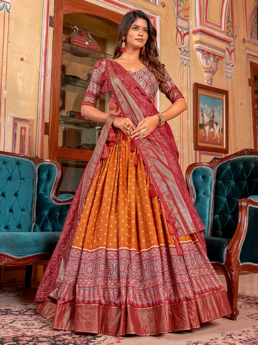 

LOOKNBOOK ART Printed Semi-Stitched Lehenga & Unstitched Blouse With Dupatta, Orange