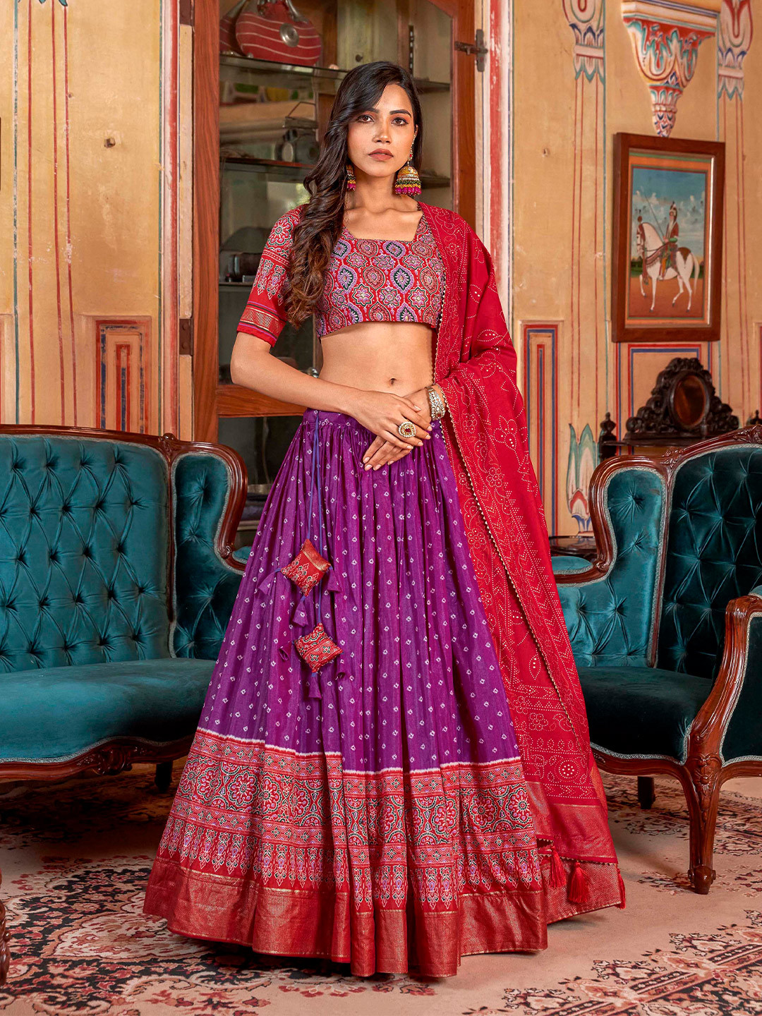 

LOOKNBOOK ART Printed Semi-Stitched Lehenga & Unstitched Blouse With Dupatta, Purple