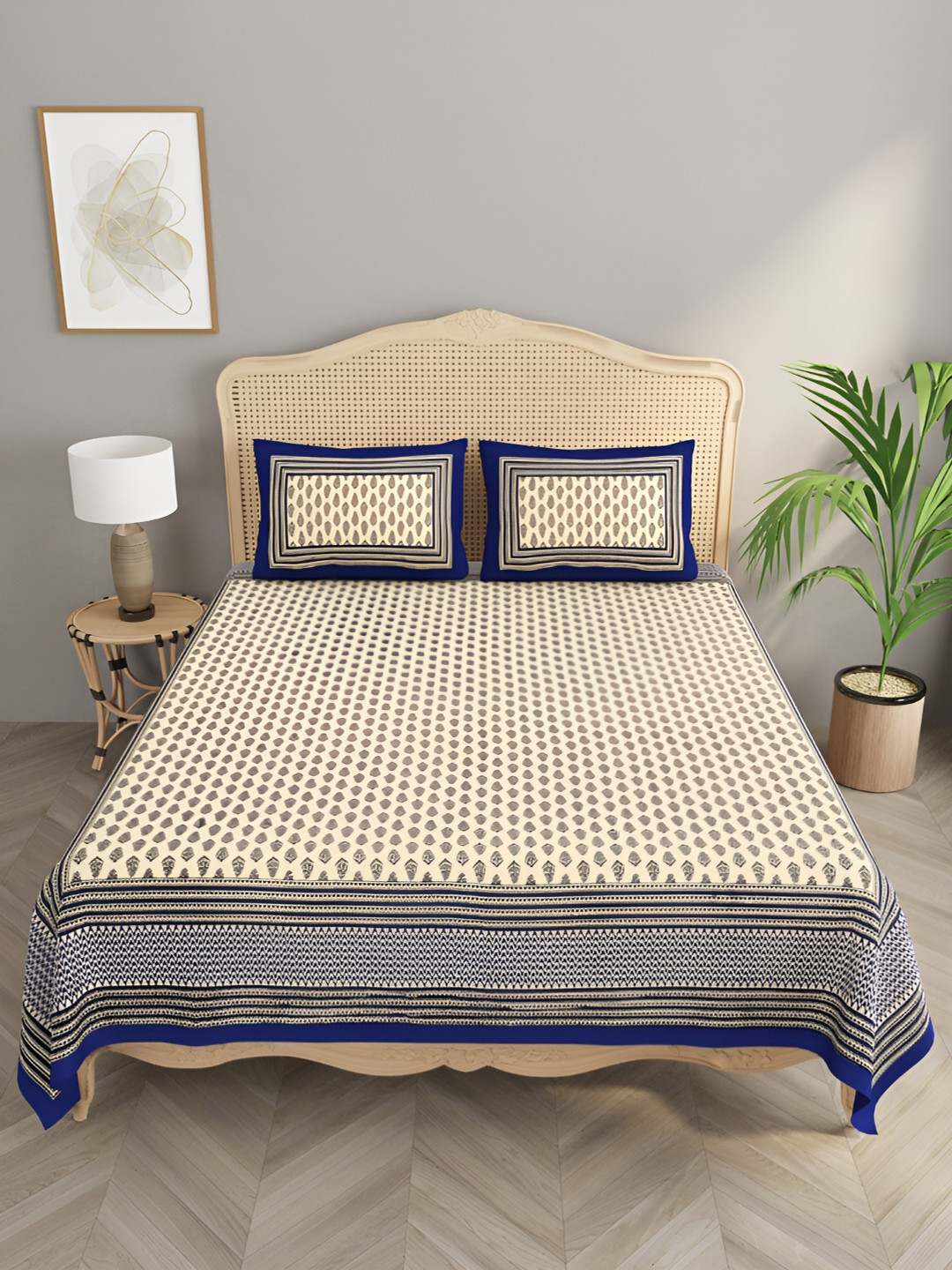 

PLAYFUL STITCHES Blue & Off White Ethnic Motifs 180 TC King Bedsheet with 2 Pillow Covers