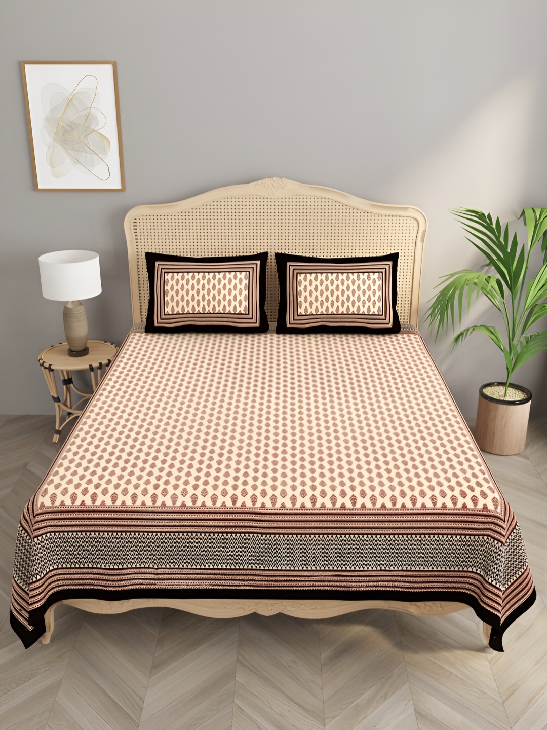 

PLAYFUL STITCHES Brown & Black Ethnic Motifs 180 TC King Bedsheet with 2 Pillow Covers