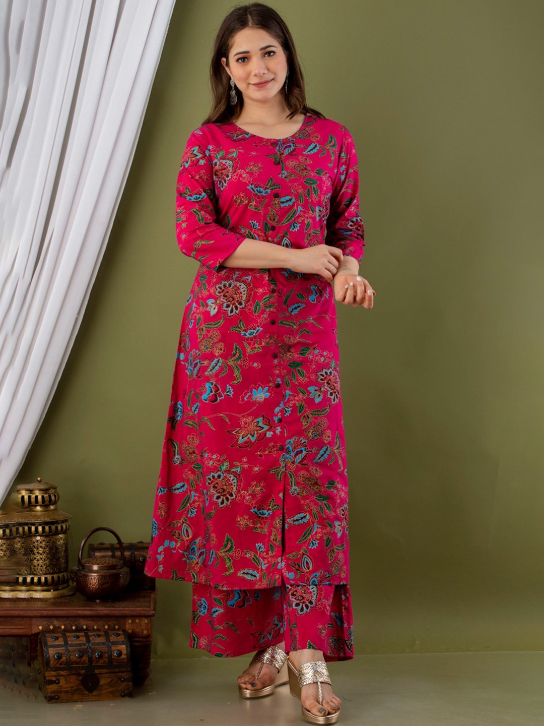 

Dress21 Women Floral Printed Regular Kurta with Palazzos, Pink