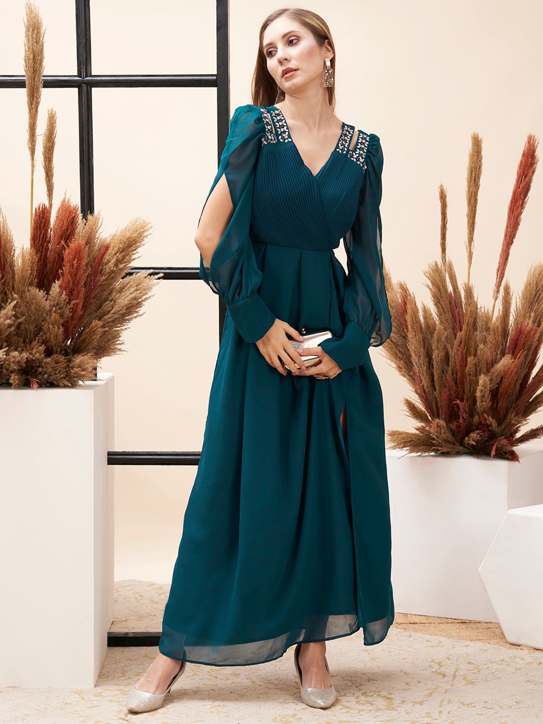 

MISH X Slit Sleeve Georgette Maxi Dress, Teal