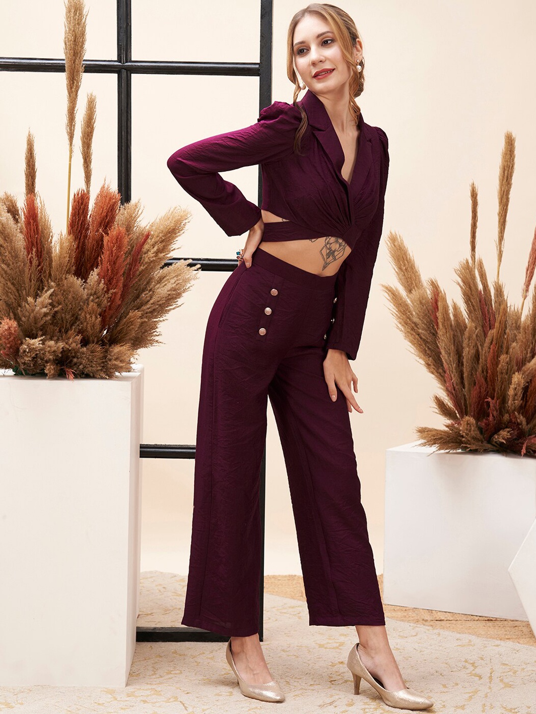 

MISH X Shirt Collar Puff Sleeves Crop Top & Trouser Co-Ords, Maroon