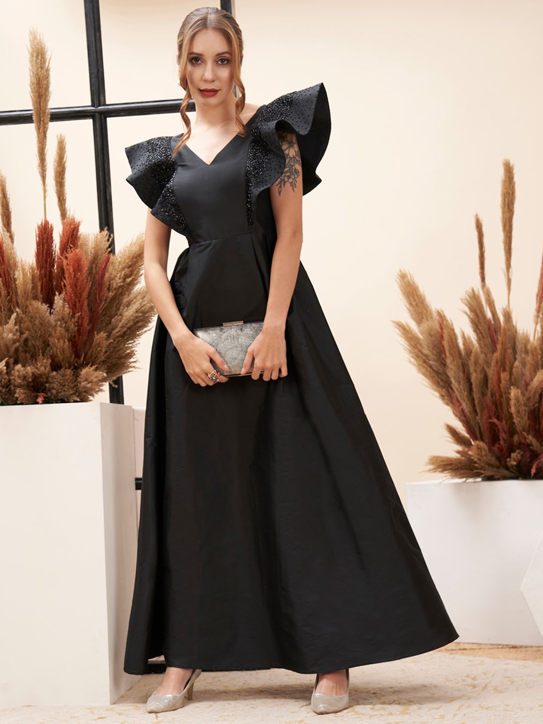 

MISH X Flutter Sleeve Crepe Maxi Dress, Black