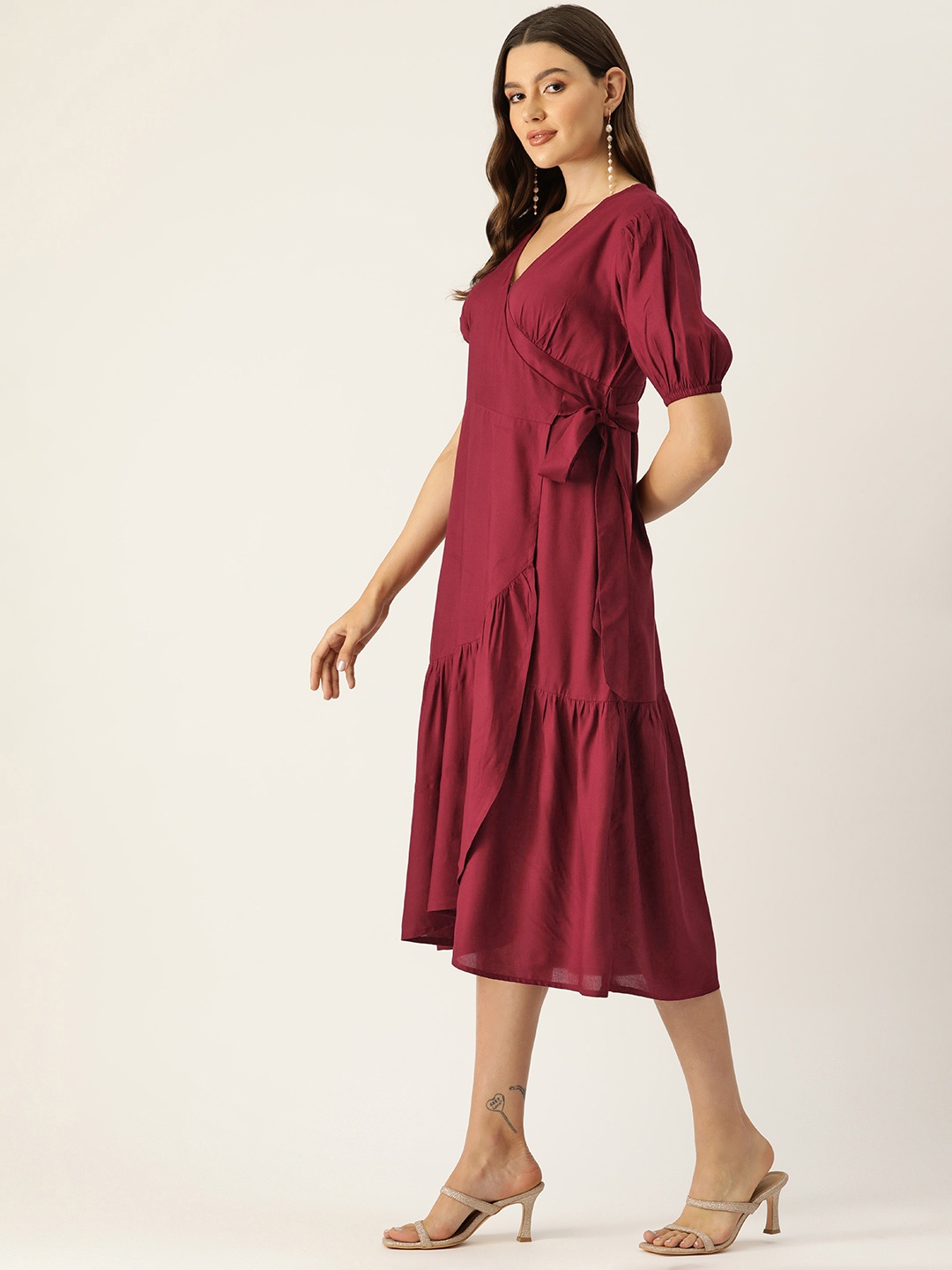 

MISRI Puff Sleeves Wrap Midi Dress, Maroon